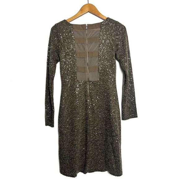 ALICE + OLIVIA OLIVE & GRAY SEQUIN EMBELLISHED SHEER PANEL BODYCON EVENING DRESS - Picture 5 of 8